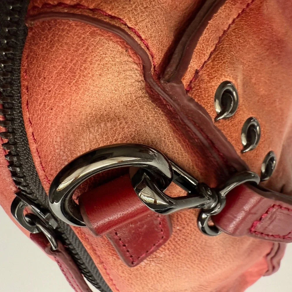 Olivia Harris Double Top Satchel Distressed Red Leather Shoulder Bag Purse - Picture 10 of 14